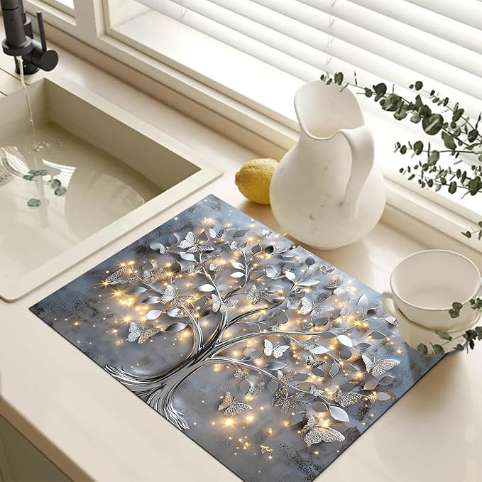 HOMETITUTE Silver Butterfly Tree Stove Top Cover 28x20 Diatomite Mat