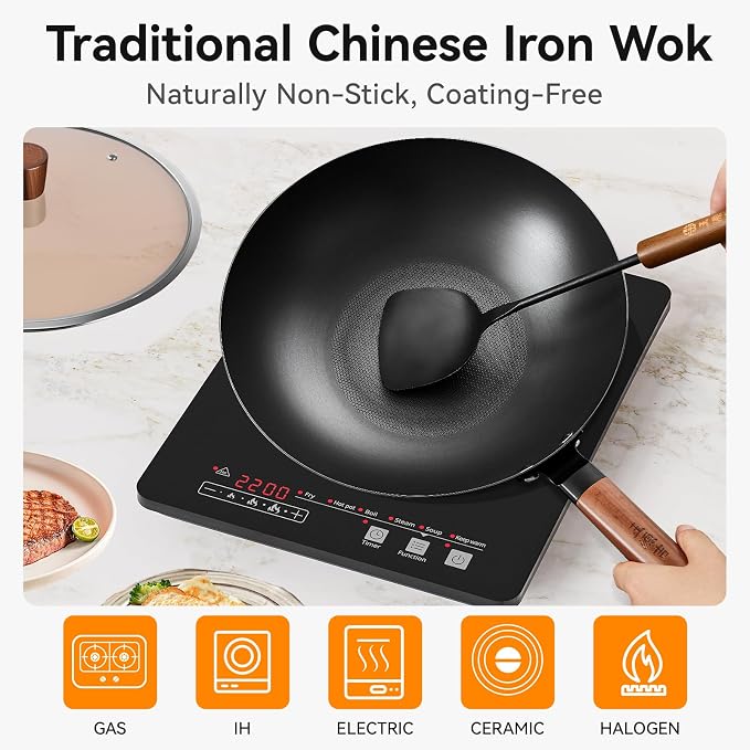 WANGYUANJI 12.6" Carbon Steel Wok Pan with Lid, Flat Bottom Chinese Wok | Lightweight Stir Fry Pan with Wooden Handle, Induction Cookware for Electric, Gas & Glass Top Stoves, No Coating, 2.5lb
