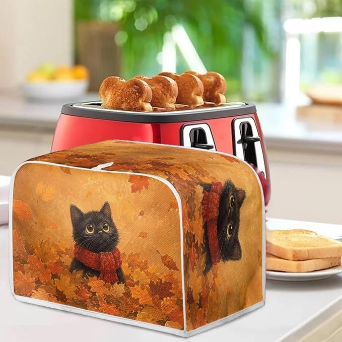 Black Cat Print Toaster Oven Dust Cover 2 Slice Maple Leaf Print Bread Maker Cover Decorative Small Kitchen Appliance Covers for Kitchen Counter