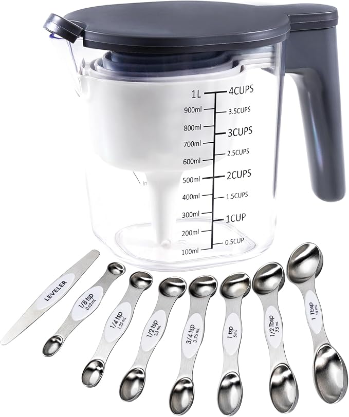 18-Pc Magnetic Measuring Cups and Spoons Set, with Lid, White | Includes 1 cover, 9 stackable cups set & 8 magnetic spoons, BPA-free & dishwasher safe, for liquid and dry baking