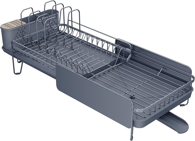 Large Expandable Dish Drying Rack for Kitchen Counter, 19.3-29.4 in, Grey | Family Size Capacity, Adjustable Dividers for Pan, Lid & Cutting Board, Stainless Steel, Rotating Spout, Utensil Holder