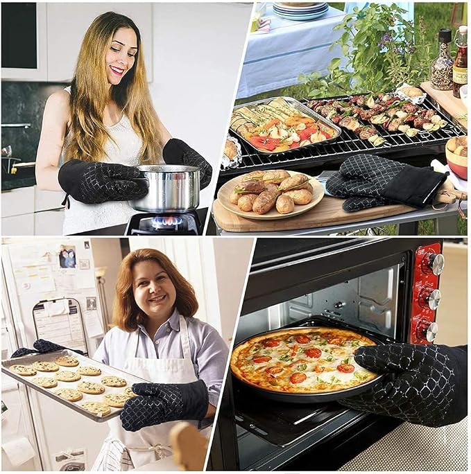 4PCS Oven Mitts and Pot Holders Sets 500°F Pot Holders for Kitchen Heat Resistant Oven Gloves Anti-Slip Silicone Stripe Oven Mitts Heat Resistant Hot Pads Oven Mits Potholders for Kitchens (Black)