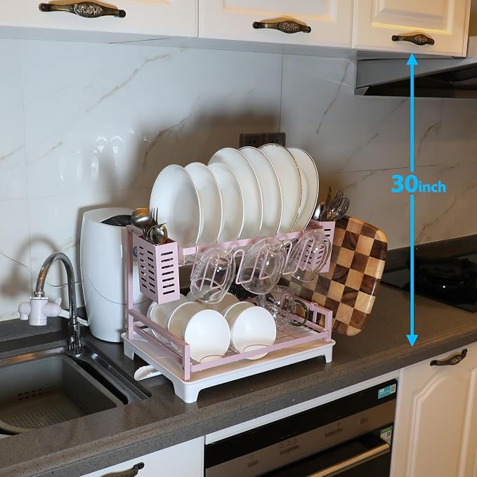 Dish Drying Rack, Rust-Proof 2 Tier Dish Racks for Kitchen Counter | Large Dish Drying Rack with Drainboard & Utensil Holders, Dish Drainers,Kitchen Organization