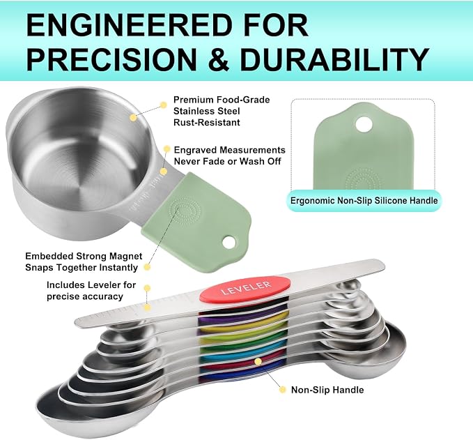 Magnetic Measuring Cups and Spoons Set of 16, 7 Stainless Steel Measuring Cups, 8 Double-Sided Measuring Spoons with 1 Leveler, Color Coded Handles, Dual Markings for Dry and Liquid Ingredients