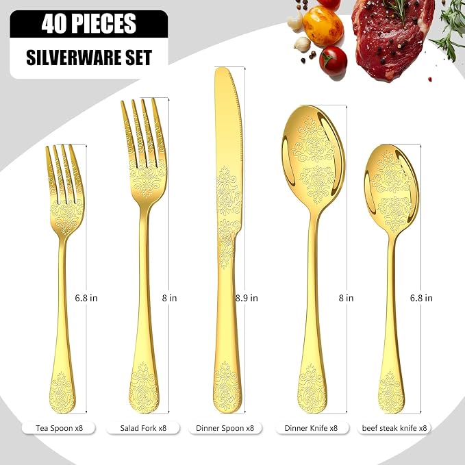 40 Pcs Gold Silverware Set for 8, Food Grade Stainless Steel Flatware Set, Eating Utensils Sets Include Fork/Knife/Spoon, Reusable Cutlery Set for Home Kitchen, Dishwasher Safe, Embossed pattern-2