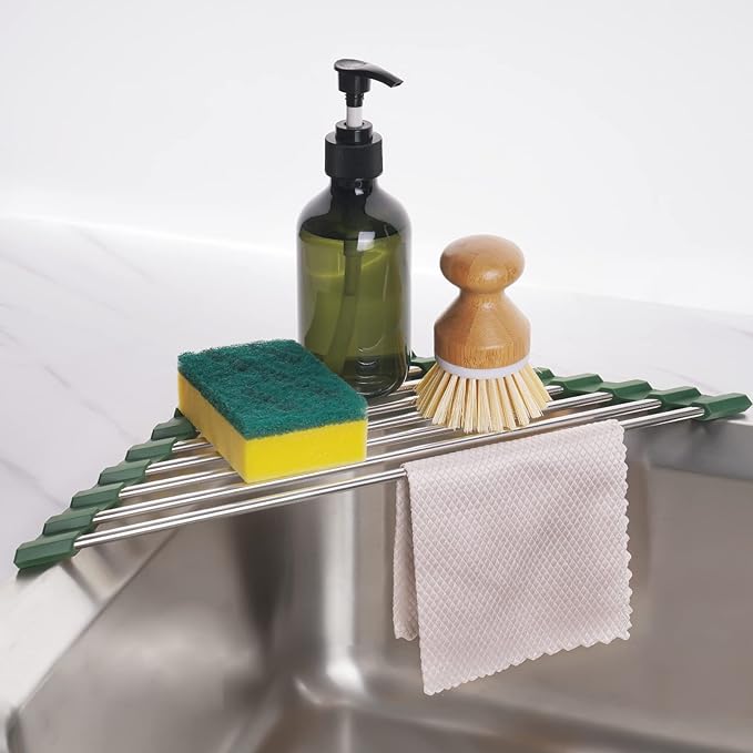 Tomorotec Triangle Roll-Up Dish Drying Rack for Sink Corner Small Foldable Stainless Steel Over The Sink Multipurpose Kitchen Drainer Caddy Organizer Storage Shelf Holder (Olive Green) | BPA-Free Food-Grade Silicone Edges Foldable Waterproof Rustproof ...