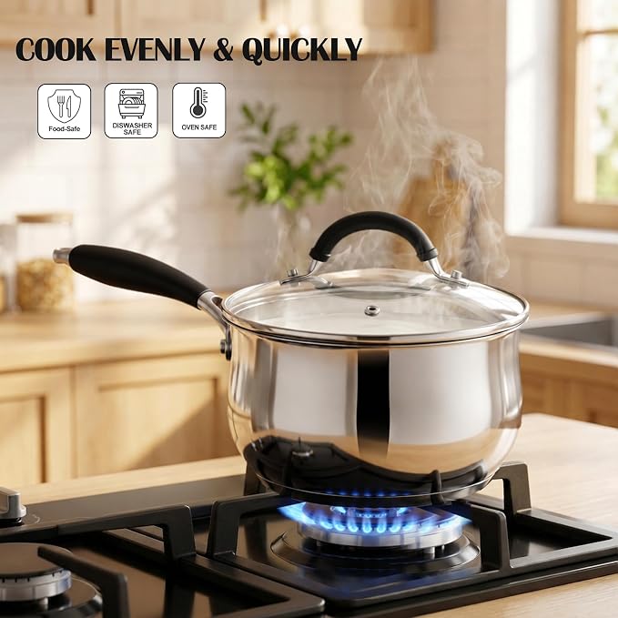E-far 2 Quart Stainless Steel Saucepan with Lid, Milk Sauce Pot for Kitchen | Multipurpose Small Sauce Pan for Home Cooking, Compatible with All Cooktops, Silicone Handle & Tri-Ply Base, Dishwasher Safe