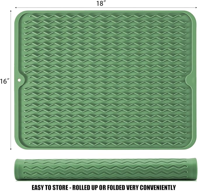 Silicone Dish Drying Mat, Non-Slip Easy Clean Sink Mat, Dark Green, 18"x16" | Quick-Dry Ridges, Large Heat-resistant Dish Drainer Mat for Kitchen Counter, Hangable & Roll-Up for Storage, Dishwasher Safe