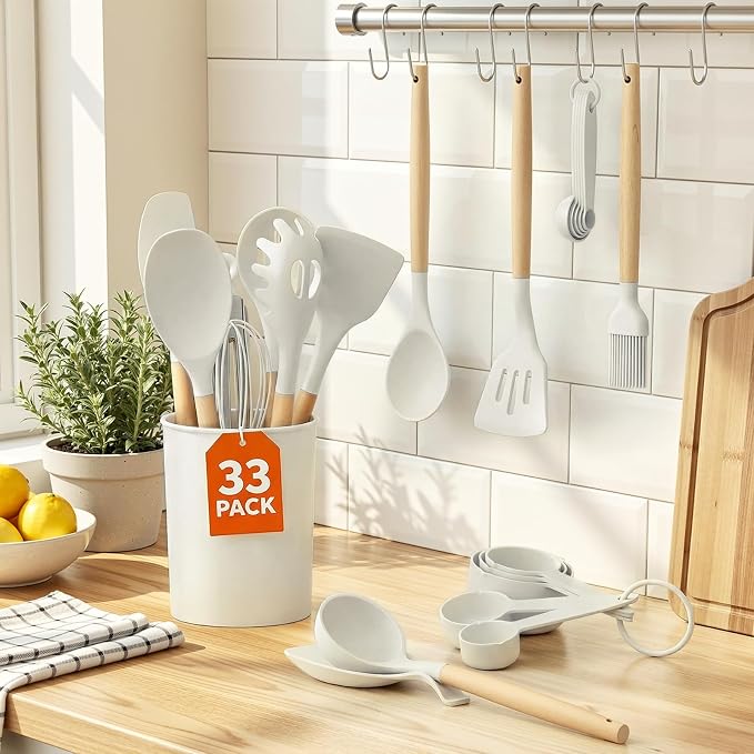 33Pcs Kitchen Utensils Set Silicone Cooking Utensils Set with Wooden Handle | Heat-Resistant, Dishwasher Safe, BPA-Free Silicone Kitchen Utensil Set with Wooden Handles & Holder for Nonstick Cookware