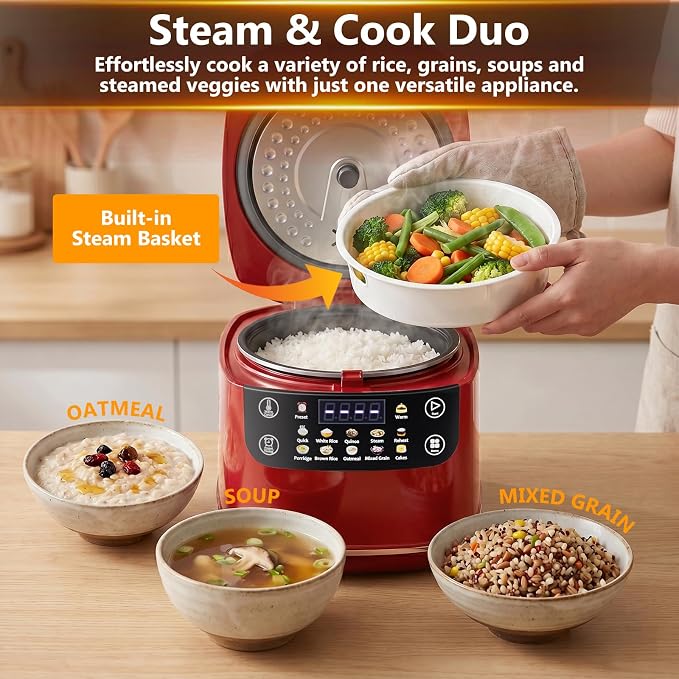 Portable Digital Rice Cooker, 6-Cup (Uncooked)/12-Cup (Cooked) Small Rice Maker with Steaming Basket, Mini Rice Cooker with 2L Removable Nonstick Inner Pot, 10 Menu Options, Auto Keep Warm, 24 Hour Delay Timer (Dark Red)