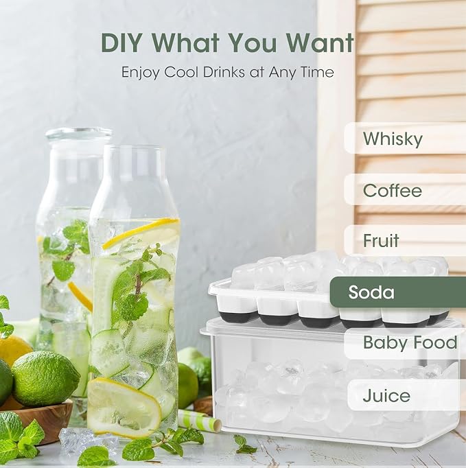 DOQAUS Ice Cube Tray with Lid and Bin,4 Pack Ice Cube Trays for Freezer | Silicone, Stackable. Easy Release Trays with Storage Bin & Scoop. Ideal for Freezer, Kitchen, RV, Cocktail, Coffee.