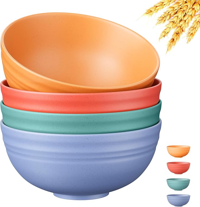 Quatish 4 PCS Unbreakable Cereal Bowls,Dishwasher & Microwave Safe Wheat Straw Bowls, Easy-to-Clean Lightweight Desserts & Soup Bowl, Portable for Picnics ，Snack Plastic Bowls Set，Multi-Color