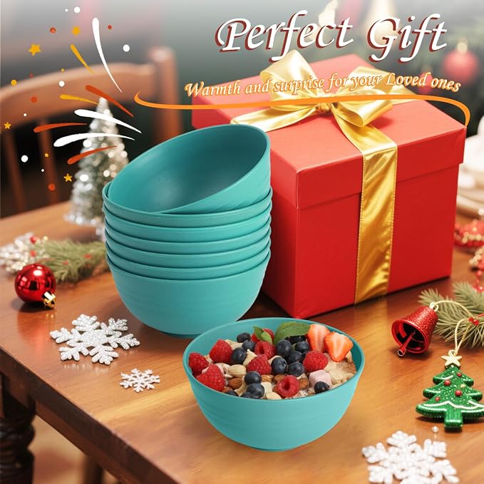 Wheat Straw Bowls, Cereal Bowls, Plastic Bowl Alternative, Set of 8, Unbreakable Microwave Safe Bowls for Soup, Salad, Dinner, Cereal, Snack, Dishwasher Safe for Kitchen, Party (Green, 26 OZ)