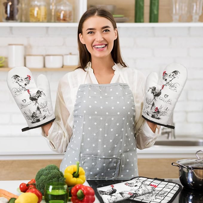Leinuosen 6 Ink Rooster Farmhouse Kitchen Decor Dish Towels Oven Mitts and Pot Holders Sets Chicken Kitchen Towels Absorbent Decorative Accessories for Cooking Baking Grilling