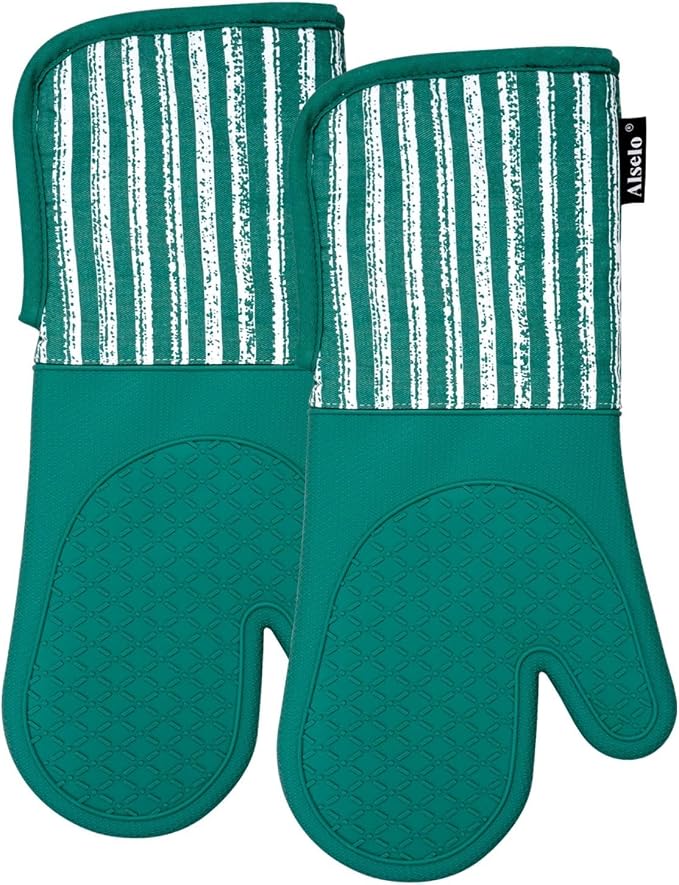 Alselo Silicone Oven Mitts Heat Resistant 932℉ with Waterproof & Non-Slip | Kitchen Mittens Set of 2,Extra Long 7.5"x15" Gloves with Soft Cotton Terry Lining for Baking Cooking BBQ (Emerald Green,2)