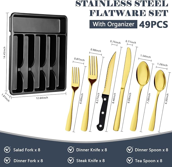 BEWOS 49-Piece Gold Silverware Set with Organizer - Stainless Steel Silverware Set for 8 with Drawer Organizer, Mirror Polished Flatware Set for Home and Restaurant, Dishwasher Safe