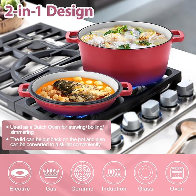 TeamFar 5qt Dutch Oven, Pre-seasoned Cast Iron for Bread Baking, Red | 2-in-1 Bread Pan with Skillet Lid, Oven & Stovetop Safe for Baking Frying Stewing Grilling, Home Use Or Outdoor Camping