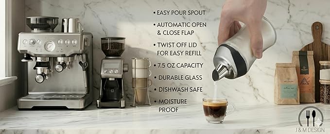 J&M DESIGN Glass Sugar Dispenser with Pour Spout for Coffee Bar, Tea and Kitchen Baking, Auto-Pouring Airtight Lid - 7.5 Oz Container