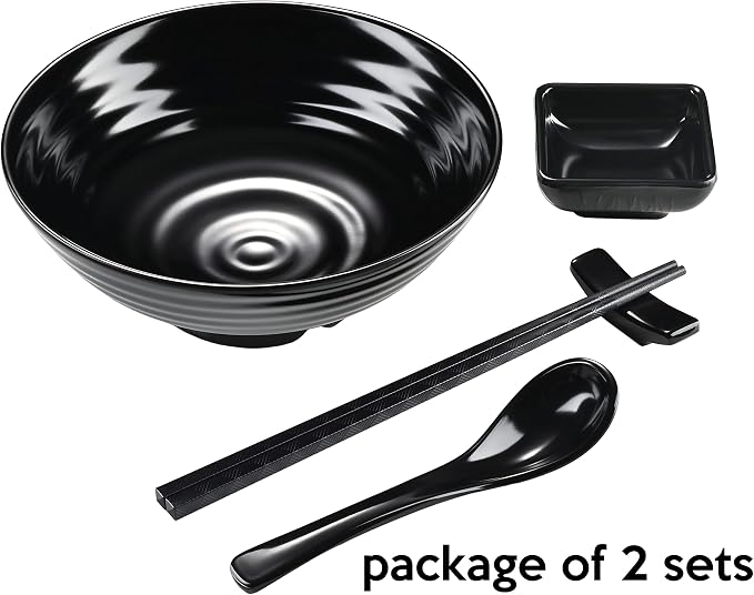 Unbreakable Ramen Bowl Set with Chopsticks and Spoon: 2 large Japanese Style Melamine Ramen Bowls, Dipping Bowls and Chopstick Stands for Asian Pho Soup Thai Miso Udon Wonton (2 Bowl Set, Black)