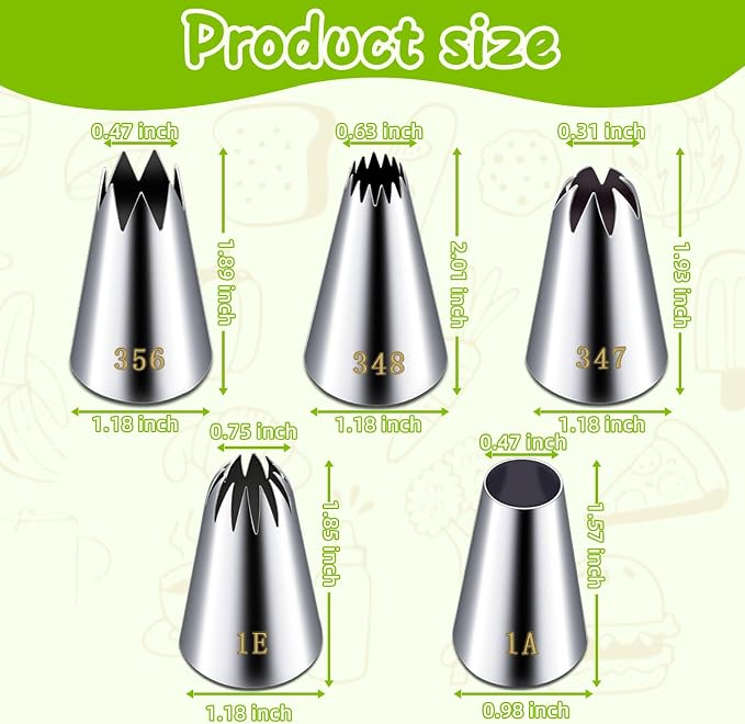 Suuker Large Piping Tips Set, Stainless Steel | 5 Pieces, 1A 1E 348 347 356