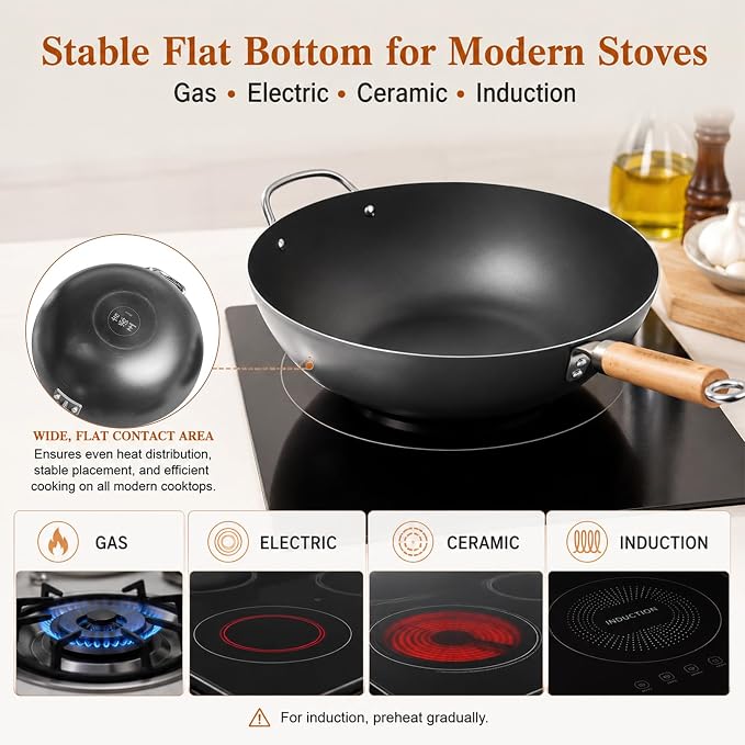 WANGYUANJI 14.2" Carbon Steel Wok with Lid, Flat Bottom Chinese wok | No Chemical Coating Large Nitriding Stir Fry Pan, Rust Resistant Iron Skillet for Induction Electric Gas Stoves, Big Capacity