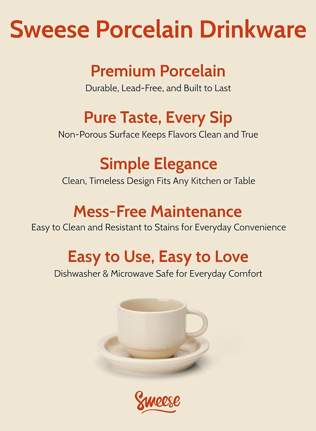 Sweese Porcelain Espresso Cups Set, 2.5 oz, Stackable with Saucers Metal Stand, Beige, 4 Pack