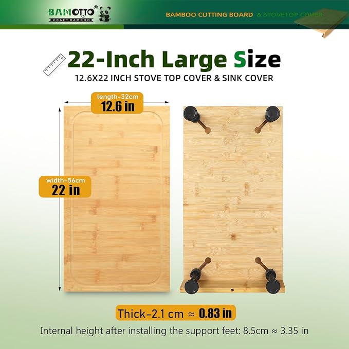 BAMOTTO CRAFTBAMBOO 12.6 x 22 Inch Bamboo Stovetop Cover Cutting Board | Detachable Legs | Detachable Front Lip | Over-the-Sink | Space Saving Kitchen Countertop Long Board