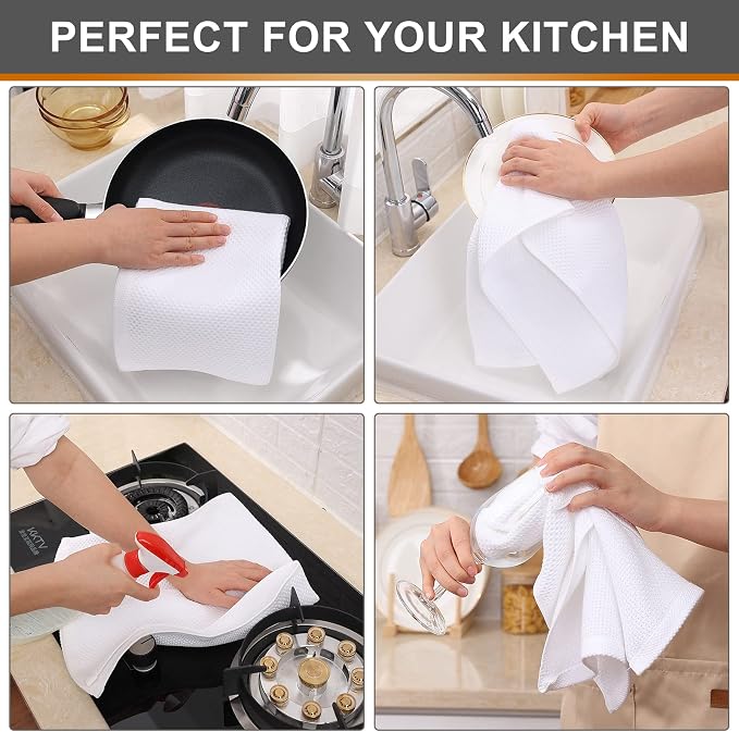 Kitinjoy 100% Cotton Waffle 4-Pack Kitchen Towels, 13" x 28", White | Super Soft, Ultra-Absorbent, Fast Drying, lightweight, Quick Drying Kitchen Hand Towels