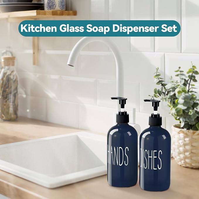 COHOSEGE Glass Soap Dispenser Set 2 Pack,16 Oz Dish Soap Dispenser for Kitchen Sink,Blue Kitchen Accessories and Kitchen Decor,Blue Decorations and Kitchen Utensils for Kitchen