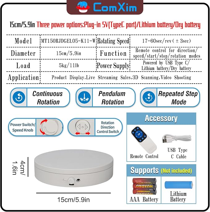 Motorized Rotating Display Stand Rotating Lazy Susan Electric Turntable for Display,Photography Turntable for 3D Scanner, Remote Control Angle/Speed,Step/Swing/Continuous Rotation