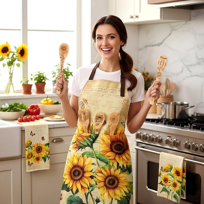 Bencailor 13 Pcs Sunflower Kitchen Set Retro Yellow Farmhouse Kitchen Decor Rustic Sunflower Dish Towels Retro Yellow Apron Oven Mitts and Pot Holders with Cute Wooden Tableware Set for Home