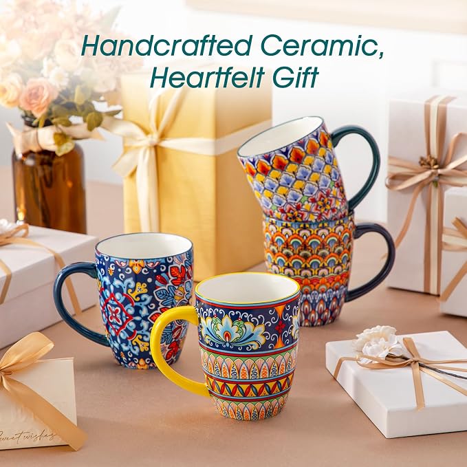 vancasso SIMI 16 oz Large Coffee Mugs Set of 6, Ceramic Cups with Handle | Bohemian Mug, Ideal for Coffee, Latte, Tea, Cappuccino and Hot Chocolate, Dishwasher Microwave Safe for Daily Use Gift Set