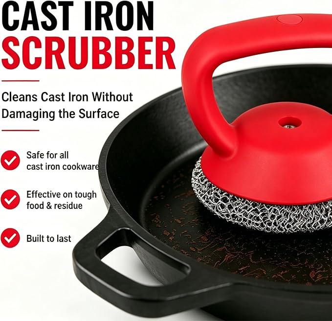 Welded Chainmail Cast Iron Scrubber with Heavy Duty Handle,3mm Fine Ring | Long Lasting Cast Iron Cleaner with Hanging Hole,Metal Sponge Scour Cleaning Grill, Skillet, Frying Pan, Wok,Dutch Oven - Red