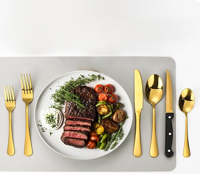 60-Piece Gold Silverware Set with Steak Knives Gold Stainless Steel Flatware Set for 10 Food Grade Tableware Cutlery Set Rust-proof, Mirror Polished, Dishwasher Safe