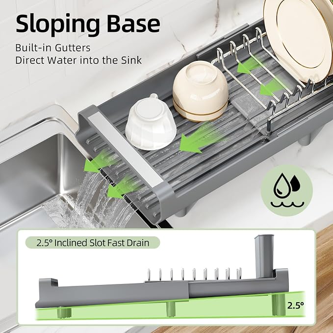 TOOLF Small Dish Drying Rack, Expandable and Space-Saving, Gray | Mini Dish racks for kitchen counter, Compact Design Fits Sink or Counter, Stainless Steel Plate Rack, 11"-19.3"L×7.7"W×3.54"H