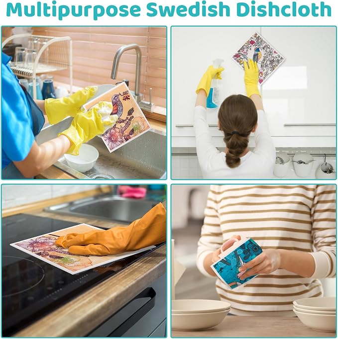 6 Pack Swedish Dishcloths for Kitchen, Absorbent Retro Bird Dish Cloths | Swedish Rags Dish Towels with Adhesive Clips, Reusable Paper Towels No Odor for Countertop Dishes Kitchen