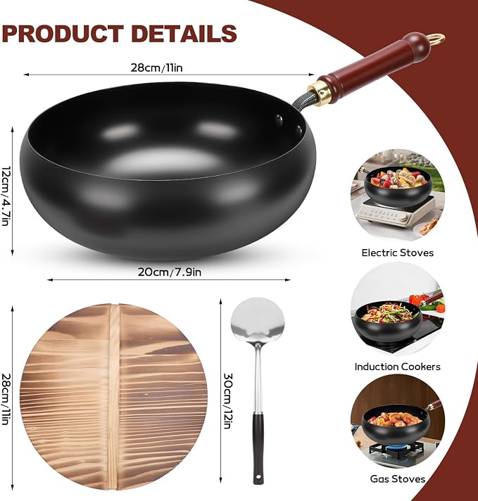 Gugxiom Suntuup Japanese Iron Pan, 28cm Cast Iron Wok, with Spatula, 2 Covers to Choose From, for Pots On Electric Stoves/Induction Cookers/Gas Stoves (Wooden lid)