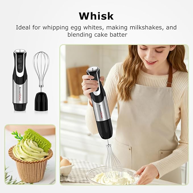 Bonsenkitchen Immersion Blender with Food Processor,12 Speeds & Turbo Mode | 4-In-1 Hand Blender with Stainless Steel Blade, Beaker & Chopper Bowl, Stick Mixer for Baby Food,Smoothies, Soups & Sauces