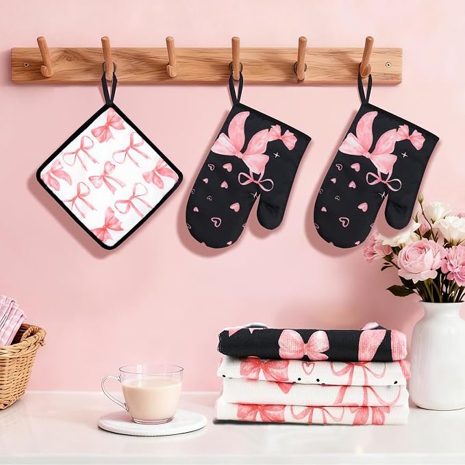 8 Pcs Cute Pink Bow Kitchen Towels and Dishcloths Sets Oven Mitts Pot Holders Set Mother's Day Absorbent Decor Accessories Gloves Potholders Heat Resistant for Chef Baking Cooking Home Gifts
