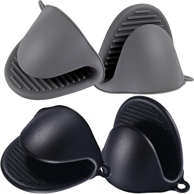 2 Pairs Mini Oven Gloves Silicone Oven Mitts Black and Grey | Silicone Heat Resistant Cooking Pinch Mitts Potholder for Kitchen Cooking & Baking