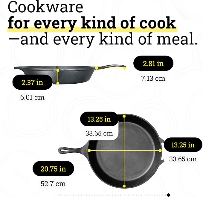 Lodge Seasoned Cast Iron Skillet 13.25 Inches - PFAS-Free, Non-Toxic Cookware - Use with an Oven, Stove, Grill, or Campfire - Naturally Non-Stick & Oven Safe