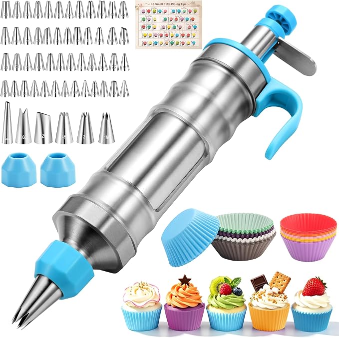 167-Piece Cake Decorating Kit, Icing Dispenser, 54 Tips, Light Blue | 100 Disposable Baking Cups, 10 Silicone Baking Cups, 2 Couplers, Instruction Manual, Stainless Steel Dispenser