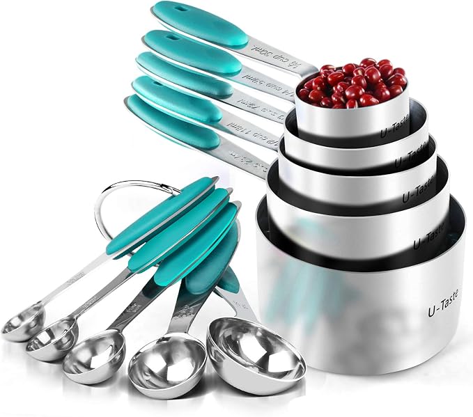 U-Taste Measuring Cups Spoons Set, 18/8 Stainless Steel, 10Pcs, Teal | Upgraded Thickened Handle, Reinforced Welded Joints, Nested Stackable Design, Metal Measure Set for Kitchen Baking Cooking