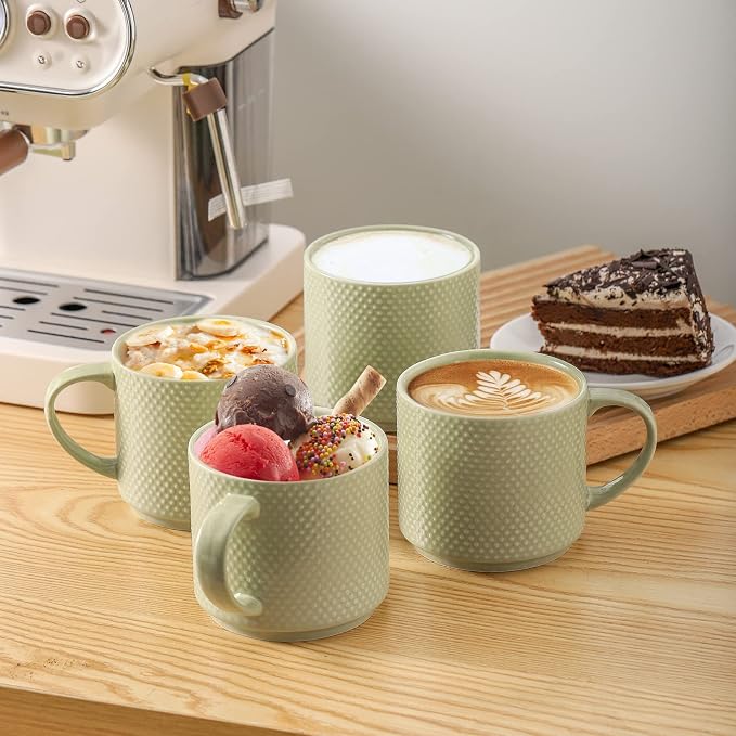 HASENSE Coffee Mugs Set with rack, 15 Ounce Porcelain Stackable Large Coffee Cups Set of 4 with handle for Drinks Like Tea, Cappuccino, Milk, Mocha and Cereal, Microwave & Dishwasher Safe, Green