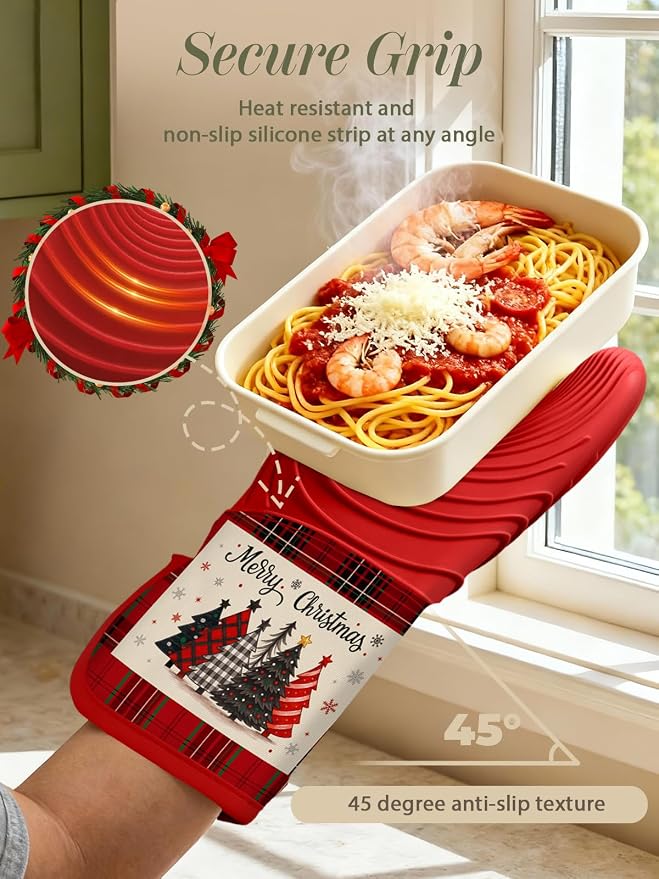 Slohif Long Silicone Oven Mitts Heat Resistant for Women - 2 Pcs Christmas Tree 100% Cotton Oven Gloves, Non-Slip and Waterproof Silicone Oven Mitts with Hanger for Baking and Cooking