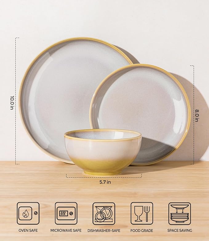 Ceramic Dinnerware Set for 4, 12-Piece Plates and Bowls Set | Lightweight Porcelain Dish Set, Scratch Resistant, Oven & Microwave & Dishwasher Safe, Autumn Mist