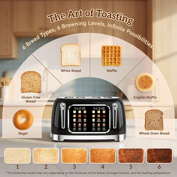 RONGBEST Retro Toaster 4 Slice with Stainless Steel Wide Slot Touch Screen for Family Breakfast, 6 Browning Levels for Bagel & Bread, Reheat & Defrost, Removable Crumb Tray, Jet Black