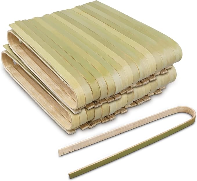 Mini Bamboo Tongs Disposable 100 Pcs 6.2 Inch Long Wooden Tongs | for Charcuterie Large Cooking Utensils for Toaster Serving Food Natural Green for Catering Buffet Home