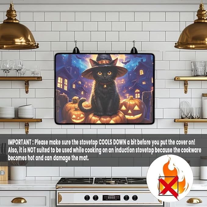 Cat Pumpkin Stove Top Covers for Electric Stove Heat Resistant Stove Mat with Anti-Slip Rubber Base Folding Dish Drying Mat for Kitchen Easy to Clean Halloween Decor for Kitchen