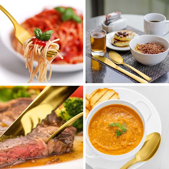 Pleafind 72Pcs Gold Silverware Set for 12 - Dishwasher Safe, Flatware Set with Steak Knives, Stainless Steel Cutlery Set, Include Forks Spoons and Knives Set, Utensil Sets for Home Restaurant
